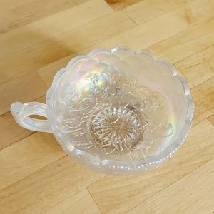 Imperial Iridescent White Pansy Vintage Carnival Glass Handled Nappy